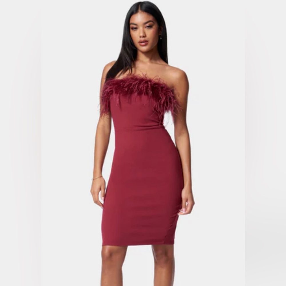 NWT Red BEBE Strapless, Feather Dress